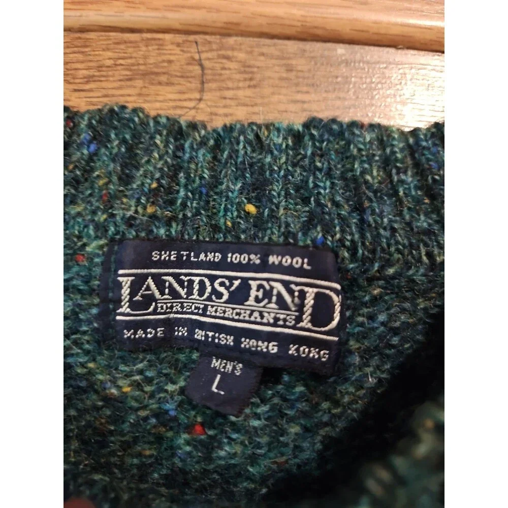 VTG 90s Lands End Speckled Green Shetland Wool Sweater Made In Hong Kong Large